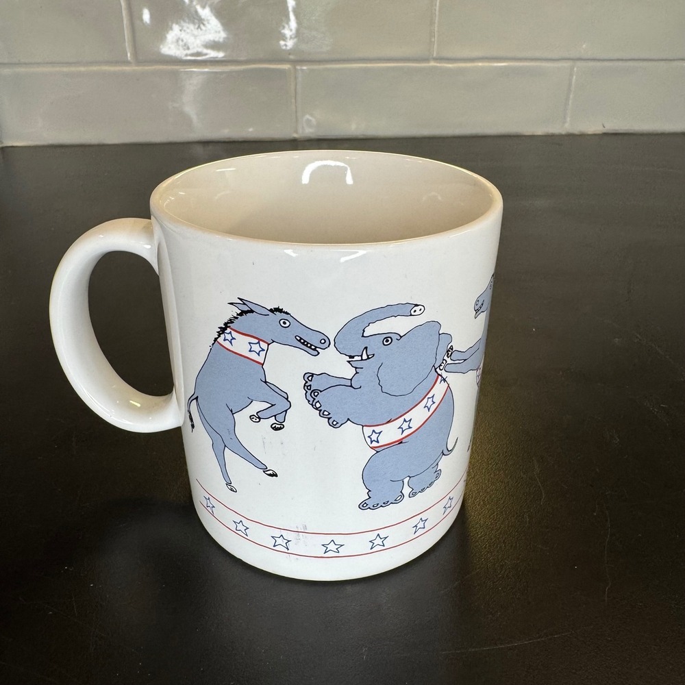 Taylor & Ng Coffee Mug 1979 White Political Donkey Elephant Vintage Ceramic